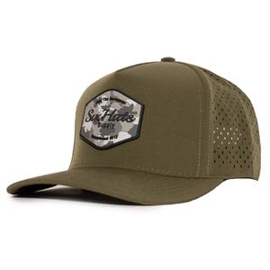 หมวกแก๊ปตาข่ายแบบกำหนดเอง OEM พร้อมโลโก้ 5 แผง ปีกโค้งเล็กน้อย แบบ Snapback ป้ายยางกันน้ำ หมวกกอล์ฟ - Product Image 1