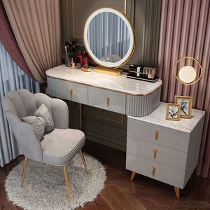 Commode moderne en bois massif de luxe léger pour chambre à coucher, coiffeuse multifonctionnelle intelligente avec miroir LED, rangement réglable, écologique pour - Product Image 1