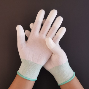 Hafif beyaz naylon kabuk hassas <span class=keywords><strong>ESD</strong></span> statik elektronik montaj taşıma muayene PU parmak kısmi kaplamalı eldiven - Product Image 6