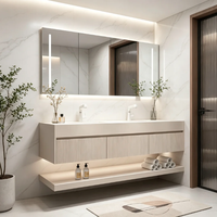 Vente directe usine, Meuble-lavabo de salle de bain en bois massif pour hôtel, Plan de travail en pierre frittée avec double vasque en céramique intégrée OEM/ODM