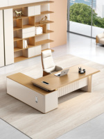 Bureau de direction convertible haut de gamme en MDF de qualité E1 avec rangement, écologique, grain de bois vif, procédé de succion, ergonomique et incurvé
