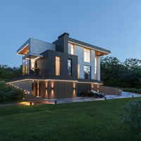 Villa de luxe préfabriquée moderne à 2 étages avec bardage en bois, mur-rideau en verre, éclairage LED, toit plat, structure en acier, mobile