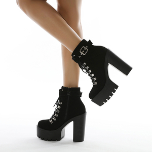 <span class=keywords><strong>Botas</strong></span> de gamuza para niña de invierno a la moda, Botines negros con correa en el tobillo, grueso Botines de tacón de 13 cm, zapatos de tacón alto para mujer - Product Image 1