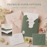 Ensemble d'invitations de mariage de luxe personnalisées, gaufrées, avec motif paysager végétal vintage, noms en feuille d'or et carte de réponse assortie
