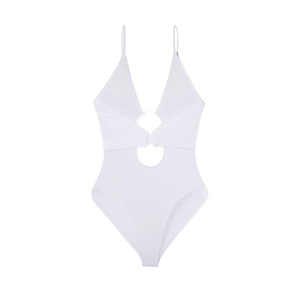 Costume da bagno intero da donna Buonic bianco a costine con scollo a V e dettaglio ad anello, taglie 42 44 46 48 - Product Image 2