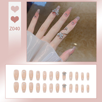 Oferta Especial: 24 Uñas Postizas Cuadradas con Punta Francesa Color Nude, Diseño 3D con Lazo y Diamantes de Imitación, Reutilizables, de ABS, con Pegamento para Mujer