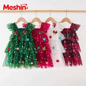 Baby Girl Breathable Tulle Flying Sleeve <b>Christmas</b> Star Cake Festive Spaghetti Strap Princess Tutu <b>Toddler</b> <b>Dress</b> 12 Month - Product Image 1