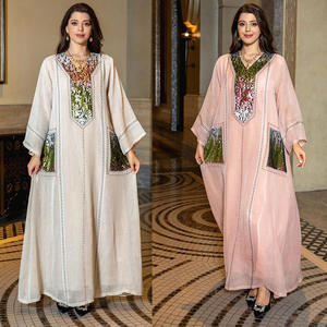 Paillettes brodées lin <span class=keywords><strong>Maxi</strong></span> robe de soirée pour les femmes turquie col en V à manches longues Jalabiya musulman islamique ethnique Abaya Eid AB053 - Product Image 1