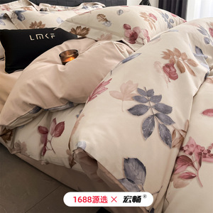 Autumn Winter Thickened Pure Cotton Brushed Four Piece <b>Bedding</b> Set Skin Friendly Soft Printed Duvet Cover Warm Plant Flower - Product Image 4