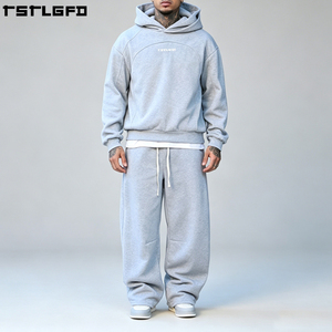 Sudadera con capucha doble personalizada, de peso pesado, gris melange, con paneles y costuras arqueadas, estilo streetwear, corte holgado, al por mayor - Product Image 3
