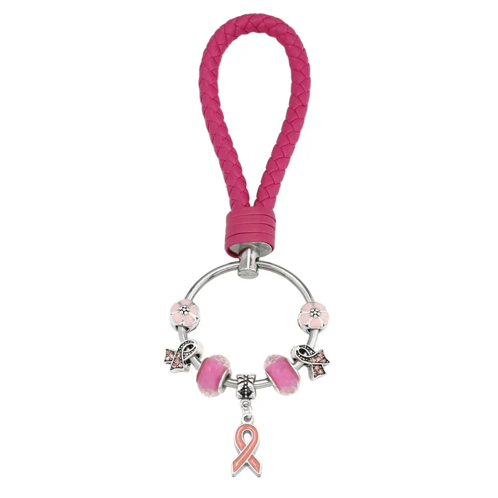 faux leather braided keychain inspired glass beaded pink ribbon charm keychains