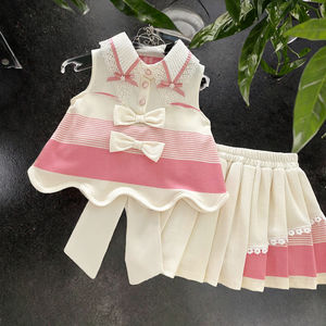 2025 nuova <span class=keywords><strong>collezione</strong></span> estiva da ragazza Casual alla moda in tinta unita abito da principessa con fiocco gonna a pieghe stile amore per i piccoli stranieri - Product Image 3