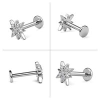 Clous d'oreilles en titane ASTM F136 avec zircon étoile, plaqués or, à dos plat, 16G, filetage interne, bijoux de piercing labret