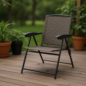 Chaise pliante d'extérieur en tissu textilène avec structure en acier, marron et noir, pour patio et jardin, design contemporain et décontracté - Product Image 2