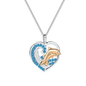 Женские недорогие подвески в форме сердца, цепочки из белого золота, милое ожерелье с двойным дельфином
