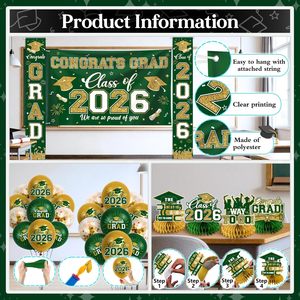 Décorations de remise de diplôme vert et or 2026, <span class=keywords><strong>Kit</strong></span> tout-en-un <span class=keywords><strong>avec</strong></span> bannière « Félicitations diplômé », toile de fond, panneau de porche et ballons - Product Image 5