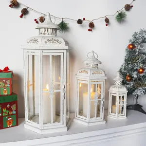 Набор из трех больших наружных садовых фонарей, белые винтажные металлические марокканские фонари для рождественского праздничного украшения