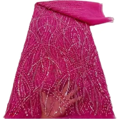 Novo design Luxo Francês Dubai Frisado Tule Lace Bordado Net Lace Tecido com Contas para Vestido de Noite