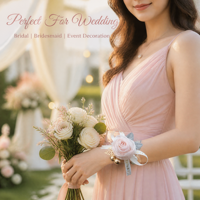 Korsase Pergelangan Tangan Mawar Berhias Mutiara dan Manik-Manik, Bunga Tangan untuk Pengantin, Pengiring Pengantin, Pernikahan, Pesta Pernikahan, Pertunangan, Dekorasi Pesta