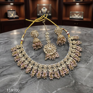 Indian Traditional Pearl Kundan Necklace <b>Set</b> Antique Gold Plated Bridal Choker Necklace with Jhumka Earrings and Maang Tikka <b>Set</b> - Product Image 3