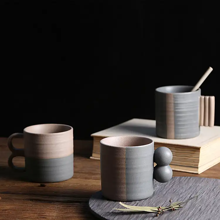 Tazas personalizadas de cerámica con mango único, taza de café de estilo japonés vintage de dos colores, fabricantes de China