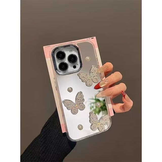 Pearl Butterfly Mirror Shockproof Soft TPU Bumper Electroplate PC Back Phone Case for iPhone 12 13 14 15 Pro 16 17 Pro Max