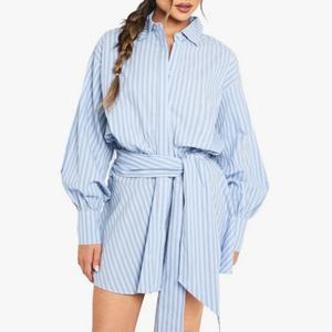 Nouvelle arrivée, robe chemise rayée légère pour femmes, robe courte ample à manches longues avec ceinture à nouer à la taille - Product Image 1