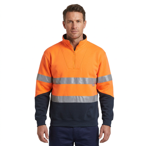 Two Tone Contrast Reflective Tape Half Zip Hooded <b>Work</b> Sweatshirt Custom Logo OEM <b>Fleece</b> Hi Vis <b>Mens</b> Pullover 100% Cotton - Product Image 1
