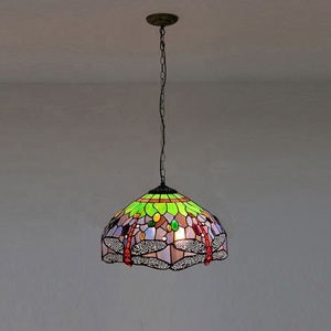 LongHuiJing 16-Inch Wide Tiffany Style Dome Pendant <b>Light</b> Colorful Dragonfly Stained Glass Shade Adjustable Height Middle Size - Product Image 4