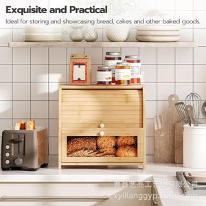 Bamboo Double Layer Bread Box With Wooden Lid <b>Kitchen</b> Storage For Bread And Food Freshness Preservation - Product Image 2
