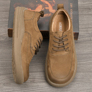Chaussures de marche en cuir véritable pour hommes, bout rond, à lacets, semelle extérieure en caoutchouc confortable, doublure en peau de porc, couleur unie - Product Image 3