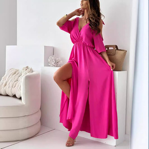 Vestido maxi holgado con aberturas, color liso, transpirable, ecológico, corte A, cintura alta, cuello en V, manga corta, venta al por mayor directamente de fábrica - Product Image 4