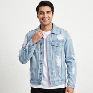 2023 Wholesale Custom Winter <b>Long</b> Denim <b>Jacket</b> for <b>Men's</b> Light Blue Print <b>Jacket</b> Ripped Denim <b>Jacket</b> for <b>Men's</b> - Product Image 1
