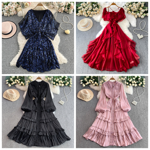 Vestido plisado de cuello redondo con corte en A, elegante y de lujo ligero, que estiliza la cintura, con <span class=keywords><strong>falda</strong></span> larga de gran vuelo, al por mayor. - Product Image 3