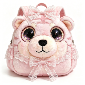 Custom <b>Cute</b> Pink <b>Bear</b> Plush Pillow 3D Cartoon Soft Faux Fur with Lace Bow Design Embroidered Embossing Printing Stress Relief - Product Image 2