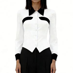 Blusa de Mujer con Bloques de Color en Contraste - Camisa de Manga Larga con Botones al Frente y Dobladillo Asimétrico, Ropa de Mujer a la Moda - Product Image 3