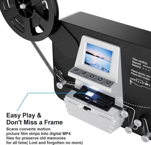Super 8 Film Digital Converter Scanner Digitizer CMOS Sensor USB Interface 2.4" Screen Converts 3-9" Reels 1080P MP4 Files 32GB