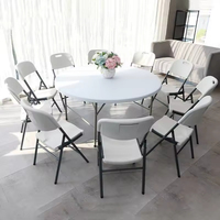 Table pliante ronde en plastique HDPE blanc portable de 4 pieds, pliable en deux, avec poignée, pour événements extérieurs, fêtes et traiteur