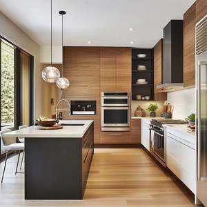 Ensemble de cuisine intégrée de luxe, cadre en bois massif, plan de travail en quartz, design moderne personnalisé, éclairage LED, panneau en mélamine inoxydable - Product Image 2