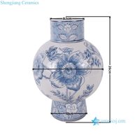 RXGK01-A Vase sphérique bleu et blanc à col droit avec pied haut et motif de feuilles florales, Artisanat en porcelaine chinoise