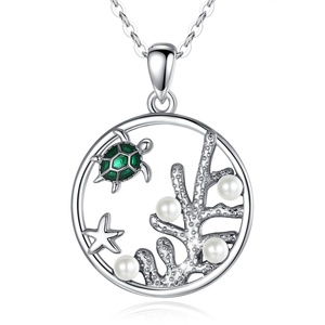 Isunni rodio <span class=keywords><strong>de</strong></span> la joyería <span class=keywords><strong>de</strong></span> plata esterlina 925 Chapado en verde <span class=keywords><strong>mar</strong></span> tortuga colgante <span class=keywords><strong>de</strong></span> collar con perla - Product Image 1