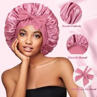 Bonnet de nuit réglable en satin de polyester rose uni avec nœud papillon et ruban élastique de 42 cm pour femme et fille, grande taille
