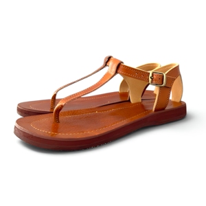 Brown Genuine Leather T-Strap Casual Flat <b>Sandals</b> <b>Buckle</b> Closure Lightweight Open Toe Solid Unisex Spring Summer Outdoor Midsole - Product Image 1