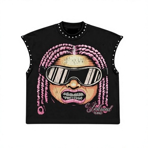 T-shirt sans manches déchiré pour homme, style streetwear tendance, imprimé graphique vintage, 100% coton épais délavé à l'acide - Product Image 1
