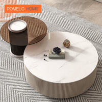 Ensemble de tables basses gigognes rondes de luxe avec plateau en pierre frittée effet marbre, table centrale moderne en verre avec base cannelée, vente directe usine OEM/ODM
