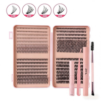 Kit de cils en grappe DIY avec logo personnalisé, 12 rangées, volume léger hybride 3D-5D, en soie synthétique faite à la main, doux, recourbe-cils et pince à épiler
