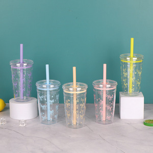 Vaso de una sola capa con pajita de 450 ml, diseño de lazo, pajitas multicolor tipo caramelo para agua, leche, té, café, uso unisex. - Product Image 1