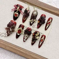 Faux ongles à presser en gros, faits main, en acrylique, forme courte, motif feu d'artifice rouge avec accents château