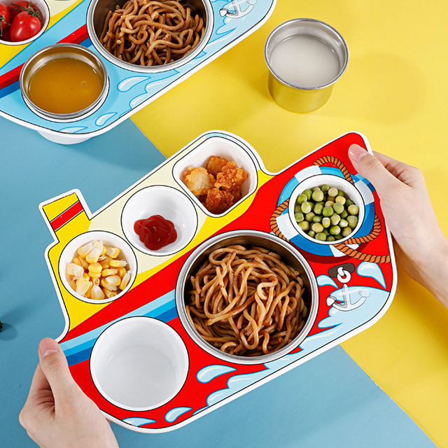 Kids Toddlers Boys Unbreakable Stainless Steell Divided Dinnerware Set Plates with Lid Spoon Utensils