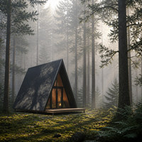 Cabane de luxe mobile en structure légère en acier, style A-frame, avec façade vitrée, pour des séjours de vacances